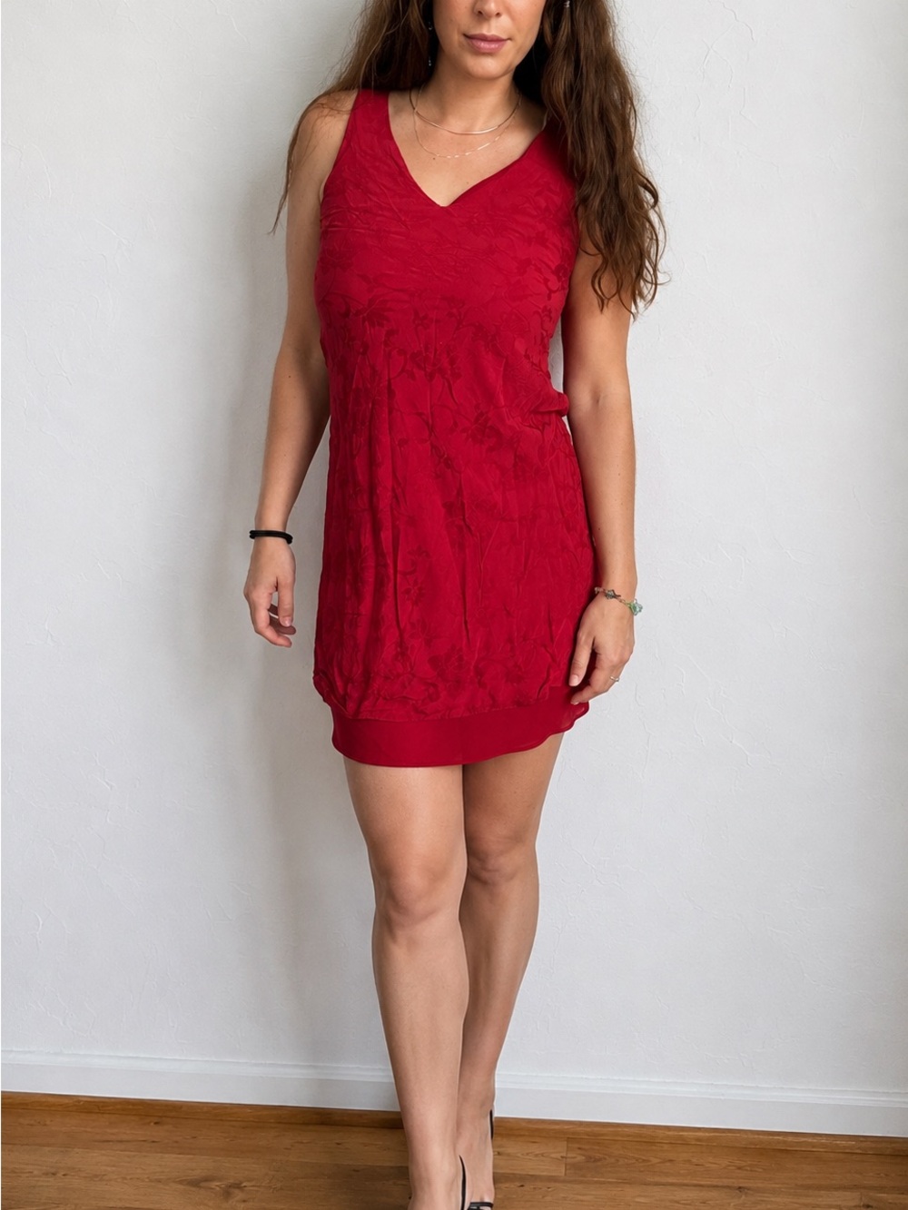 90s Red Floral Slip Dress Layered Chiffon